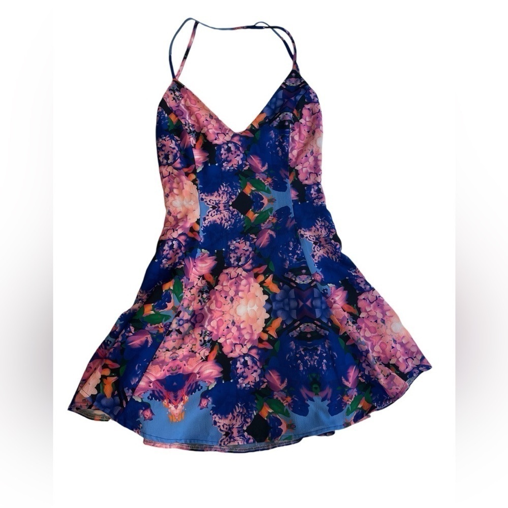 Naven Pink and Blue Open Back Floral Print Mini Dress Sz XS